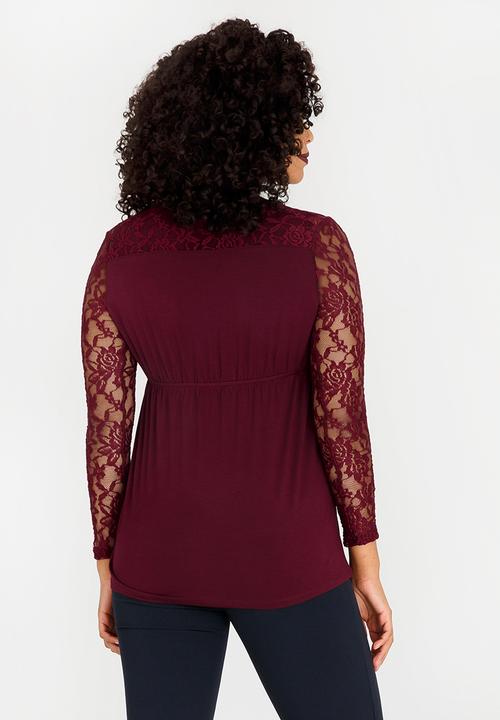 Cherry Melon - Lace Sleeve Crossover Feeding Top Burgundy