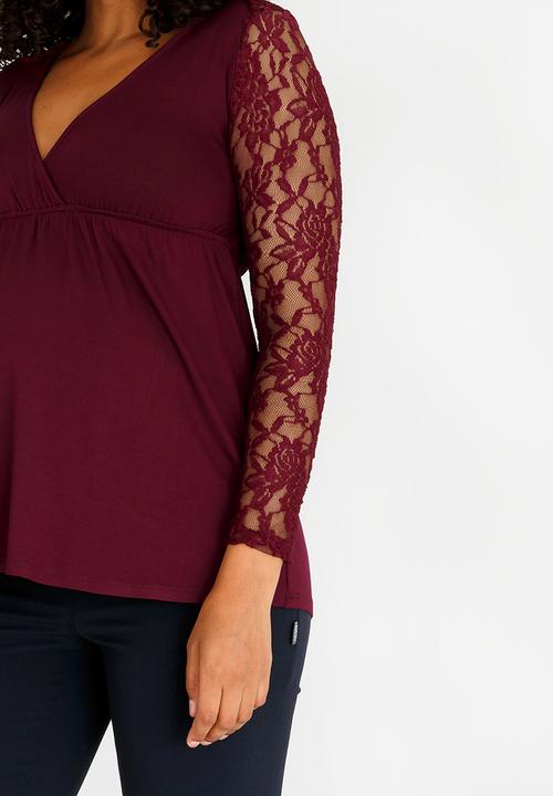Cherry Melon - Lace Sleeve Crossover Feeding Top Burgundy