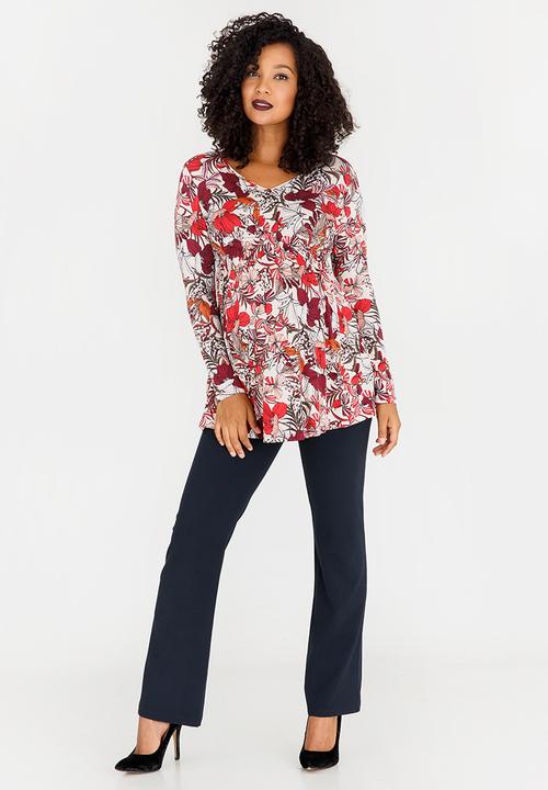 Cherry Melon - Printed Longsleeve Smock Detail Top Dark Red