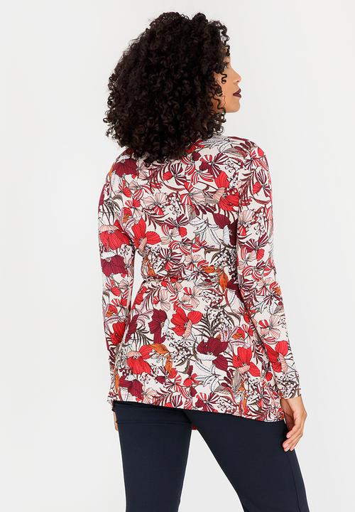 Cherry Melon - Printed Longsleeve Smock Detail Top Dark Red