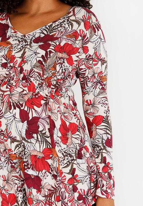 Cherry Melon - Printed Longsleeve Smock Detail Top Dark Red