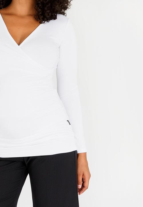 Cherry Melon - Maternity Gauged Wrap Top Long Sleeve - White