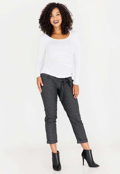 Cherry Melon - Maternity Round Neck Top with Side Detail Long Sleeve - White