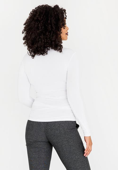 Cherry Melon - Maternity Round Neck Top with Side Detail Long Sleeve - White