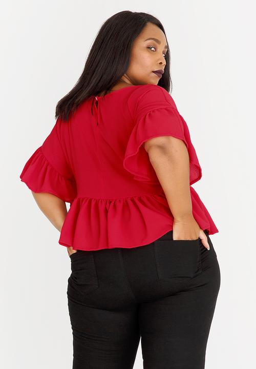 STYLE REPUBLIC PLUS - Frill Detail Blouse Dark Red