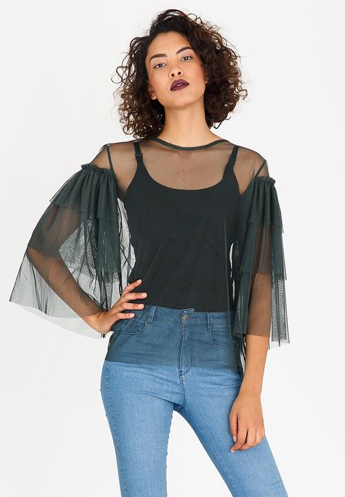 STYLE REPUBLIC - Sheer Frill Top Green