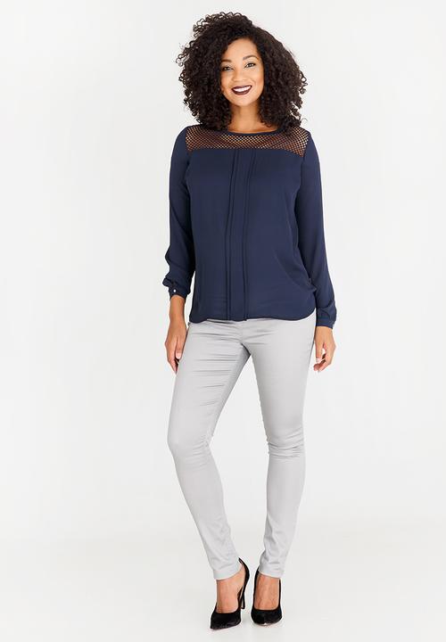 Cherry Melon - Box Pleat Lace Inset Blouse Navy