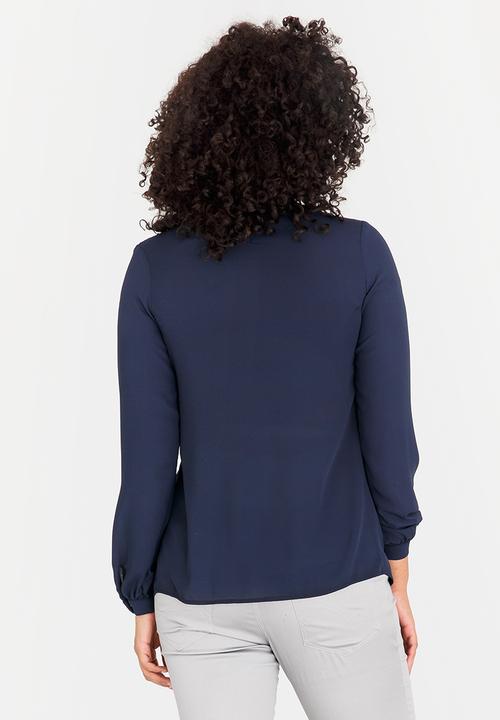 Cherry Melon - Box Pleat Lace Inset Blouse Navy