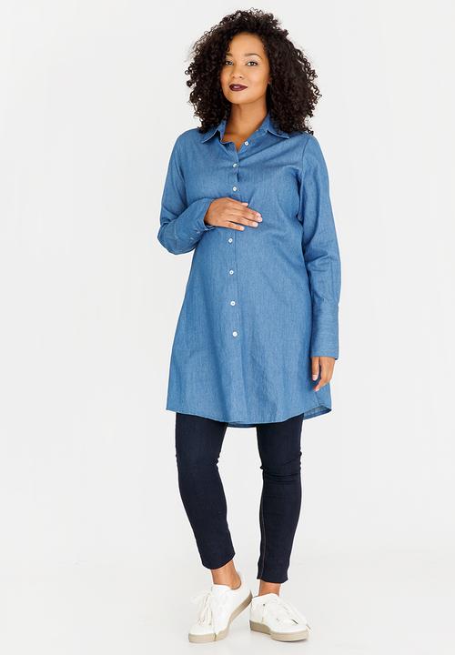 edit Maternity - Shirt Dress with Pockets Mid Blue