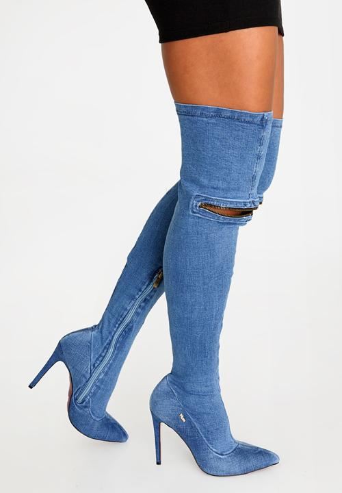 blue jean thigh high boots