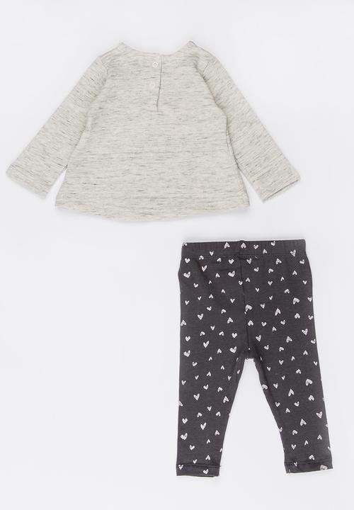 MINOTI - 2 Piece Dyed Fleece Top & Printed Legging Set Pale Grey