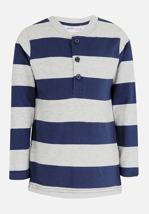 MINOTI - Striped Long Sleeve Grandad T-Shirt Grey