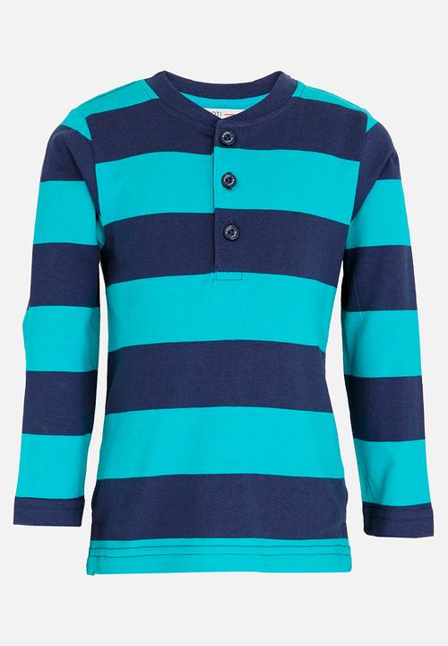 MINOTI - Striped Long Sleeve Grandad T-Shirt Green
