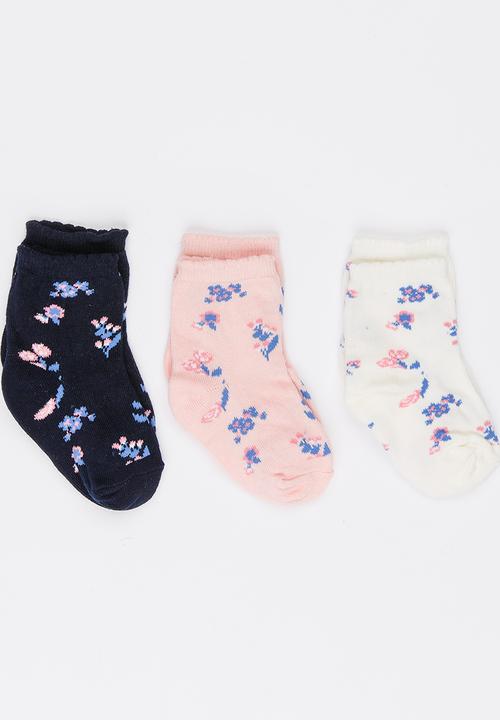 MINOTI - 3 Pack Floral Print Ankle Socks with Scallop Edgin Multi-colour