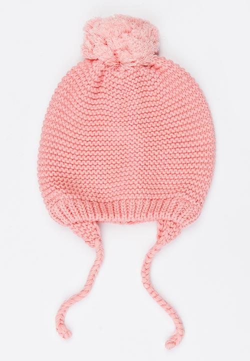 MINOTI - Reverse Beanie with Pom-Pom and Drop Plaited Ears Mid Pink
