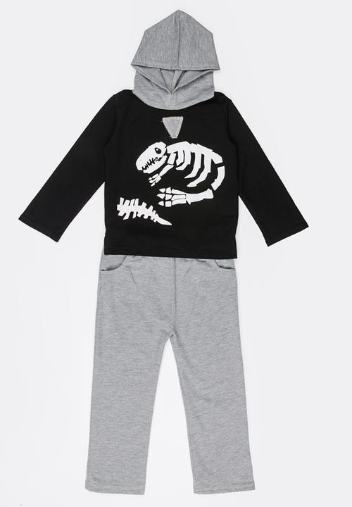 Pop Candy - Printed Hoodie & Pants Set Black and Grey
