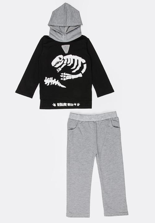 Pop Candy - Printed Hoodie & Pants Set Black and Grey