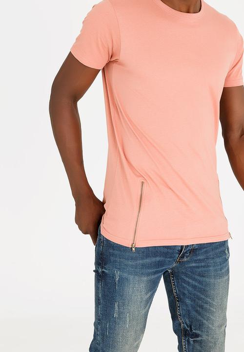 Brave Soul - Falcon Zip Detail Cotton Tee Pale Pink