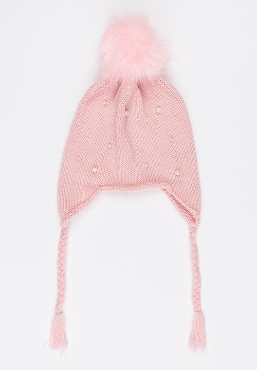 Pop Candy - Pom-Pom Beanie with Plaited Sides Pale Pink