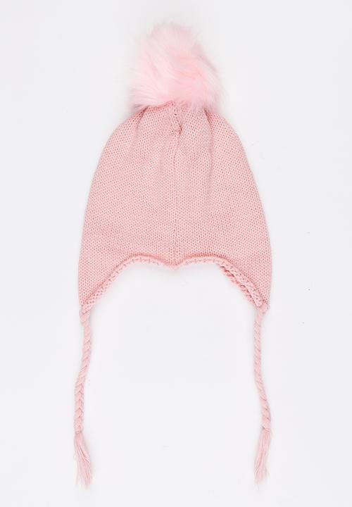 Pop Candy - Pom-Pom Beanie with Plaited Sides Pale Pink