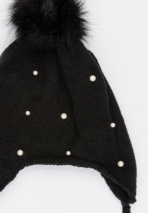 Pop Candy - Pom-Pom Beanie with Plaited Sides Black