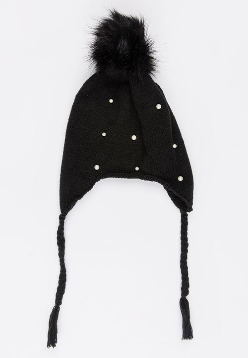Pop Candy - Pom-Pom Beanie with Plaited Sides Black