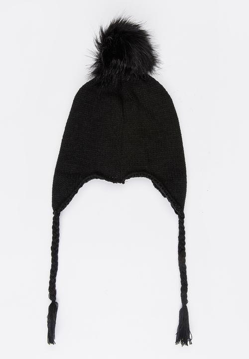 Pop Candy - Pom-Pom Beanie with Plaited Sides Black