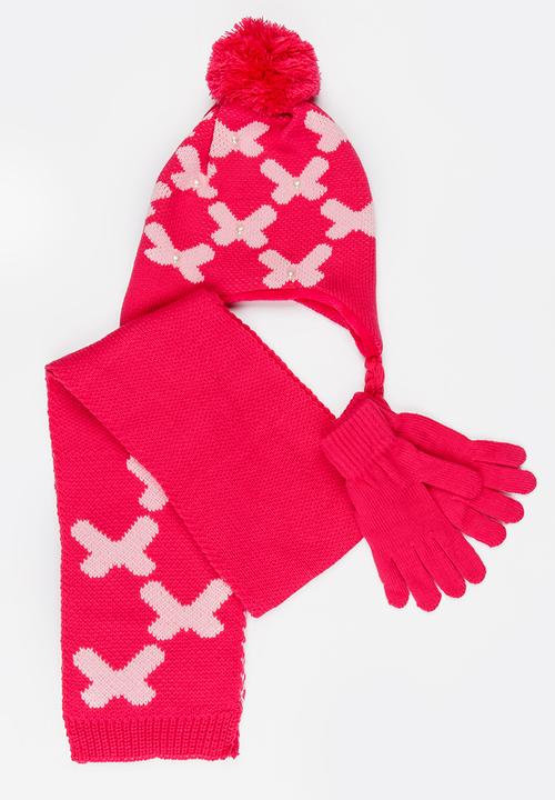 Soobe - Scarf, Beanie and Gloves Sets Dark Pink