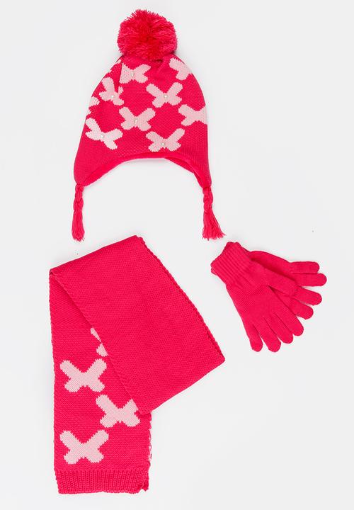 Soobe - Scarf, Beanie and Gloves Sets Dark Pink