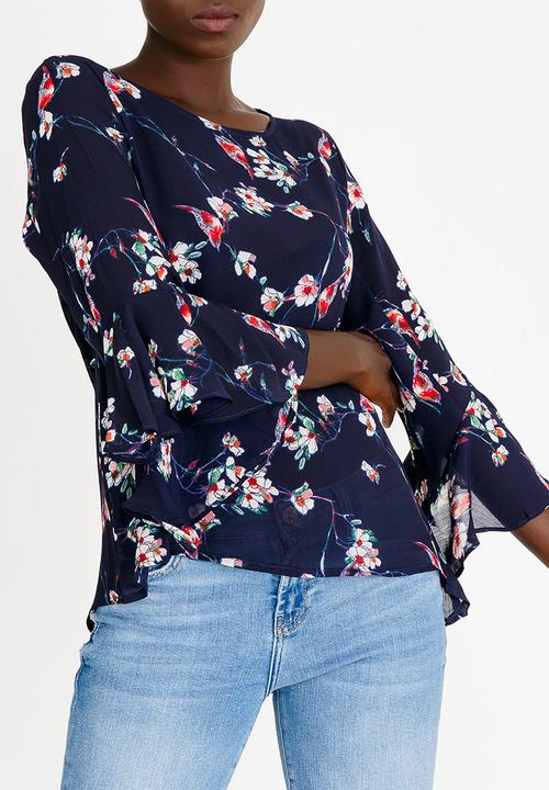 Revenge - Frilled Sleeve Floral Top Navy