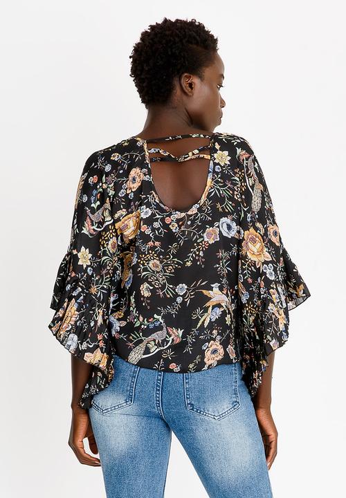 Revenge - Floral Pleated Batwing Blouse Black