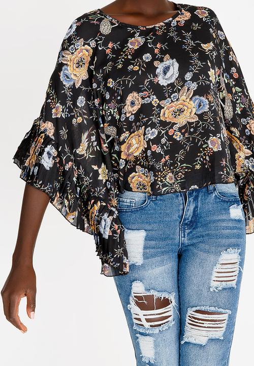 Revenge - Floral Pleated Batwing Blouse Black