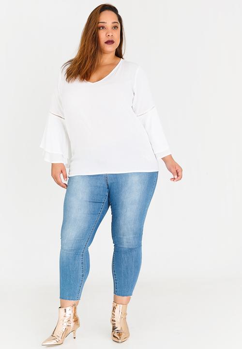 STYLE REPUBLIC PLUS - Bell Sleeve Blouse with Ladder Lace Detail White