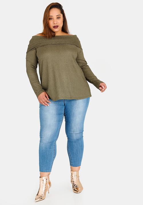 Slick - Kono Off the Shoulder Knit Top Khaki Green
