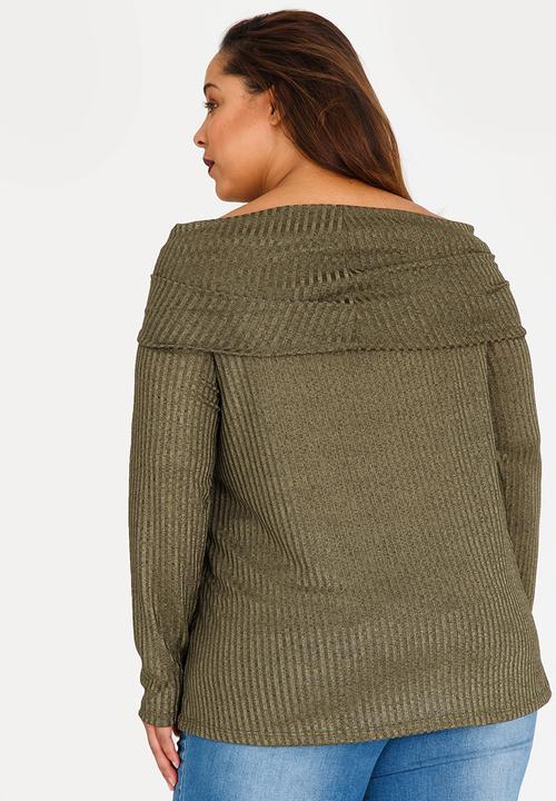 Slick - Kono Off the Shoulder Knit Top Khaki Green