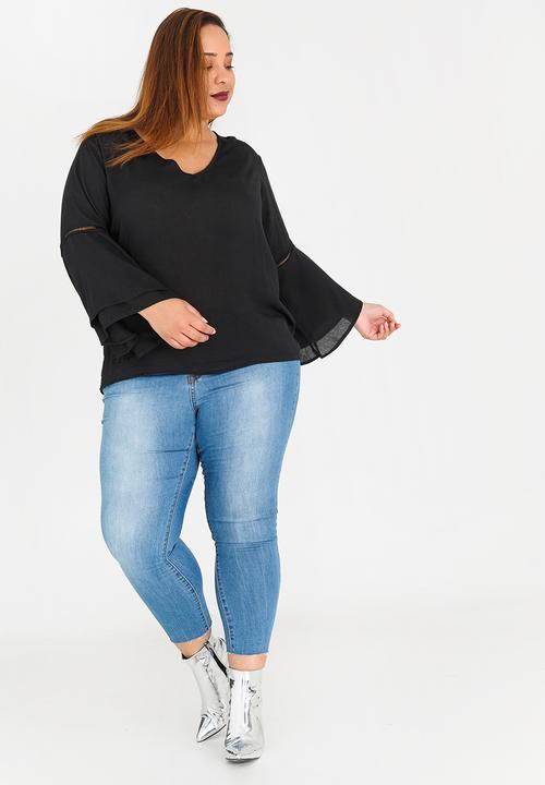 STYLE REPUBLIC PLUS - Bell Sleeve Blouse with Ladder Lace Detail Black