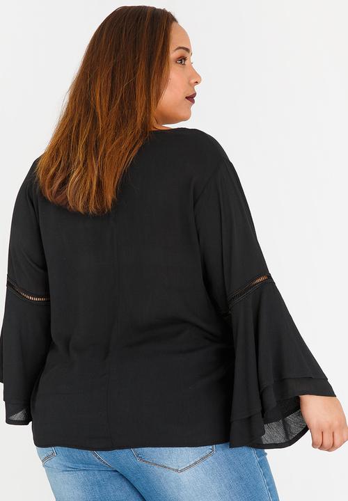 STYLE REPUBLIC PLUS - Bell Sleeve Blouse with Ladder Lace Detail Black