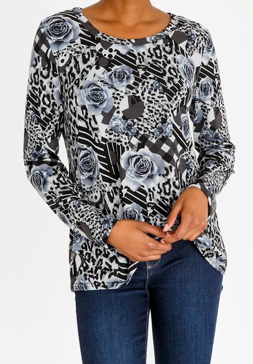 Revenge - Rose and Leopard Print Top Grey