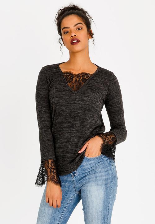 edit - Long Sleeve Top With Lace Inset Charcoal