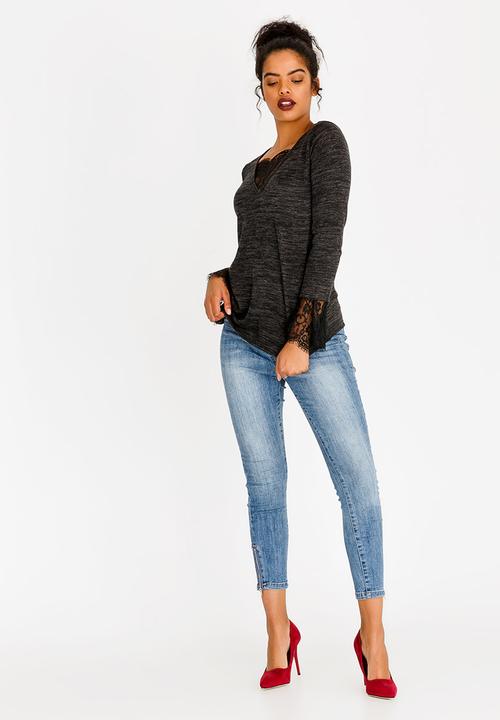 edit - Long Sleeve Top With Lace Inset Charcoal