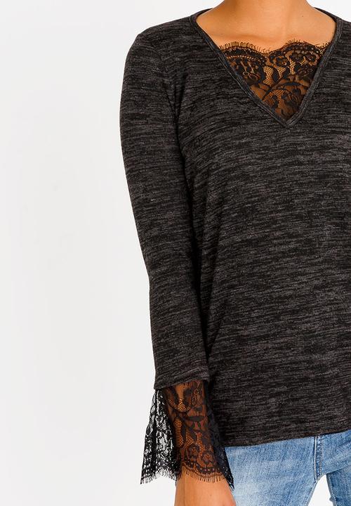 edit - Long Sleeve Top With Lace Inset Charcoal