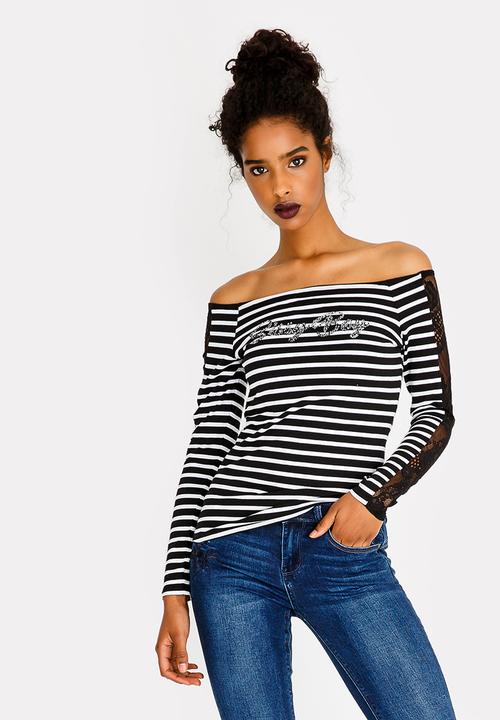 SISSY BOY - Stripe Bardot Top Black and Grey