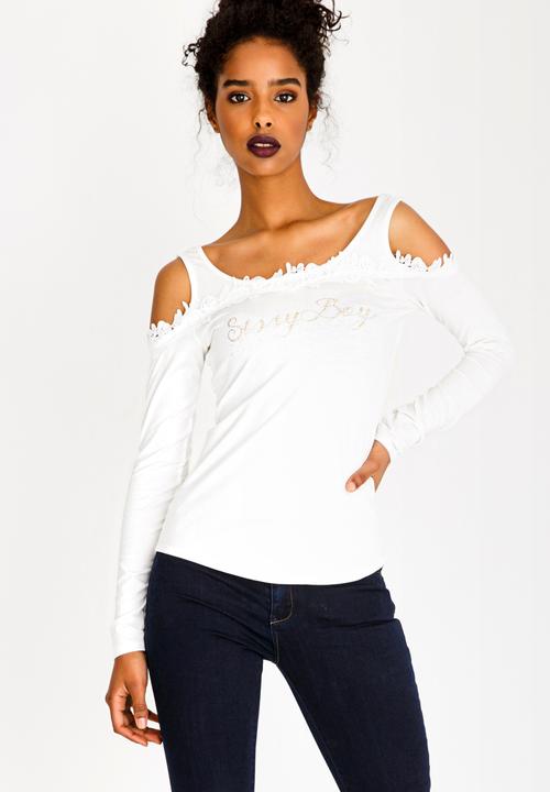 SISSY BOY - Crochet Detail Cold Shoulder Top Off White