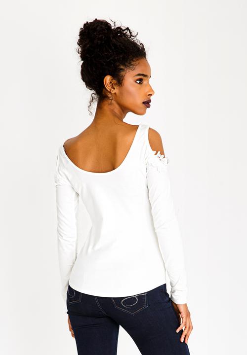 SISSY BOY - Crochet Detail Cold Shoulder Top Off White