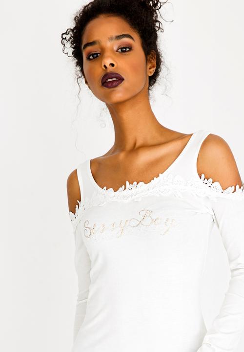 SISSY BOY - Crochet Detail Cold Shoulder Top Off White
