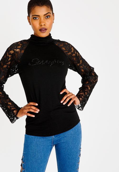 SISSY BOY - Polo Neck with Lace Detail Black