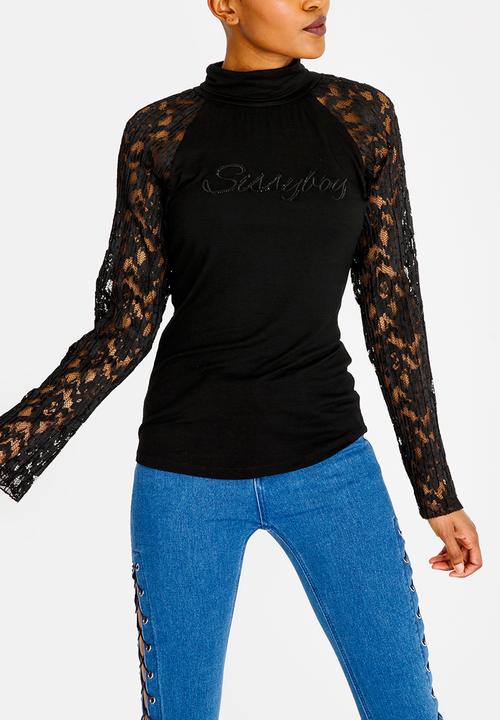 SISSY BOY - Polo Neck with Lace Detail Black
