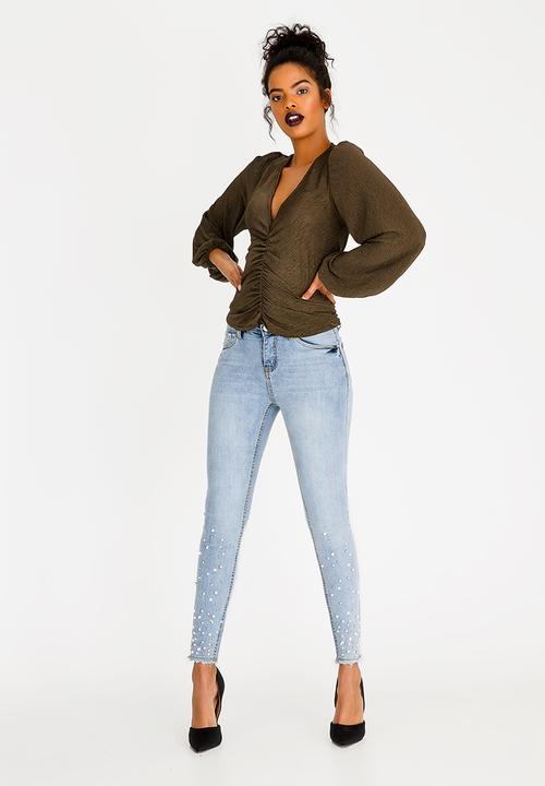 STYLE REPUBLIC - Pearl Detail Skinny Jeans Pale Blue