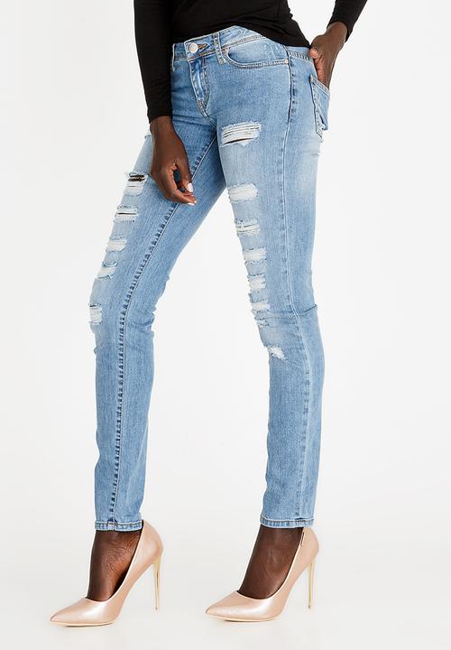 SOVIET - Ripped Skinny Jeans Pale Blue