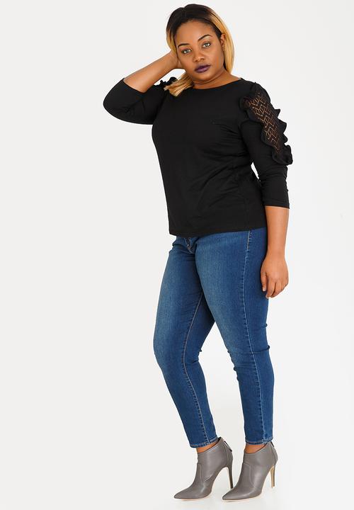 edit Plus - Frill Sleeve Detail Top Black